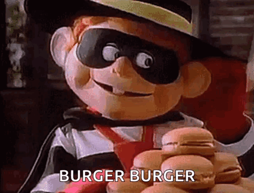 A Cartoon Character Is Holding A Bunch Of Hamburgers And Says `` Burger Burger '' . GIF
