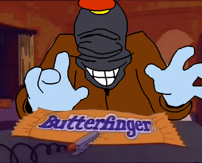 A Cartoon Character Is Holding A Butterfinger Bar GIF