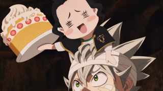 A Cartoon Character Is Holding A Cake And Another Character Is On His Head GIF