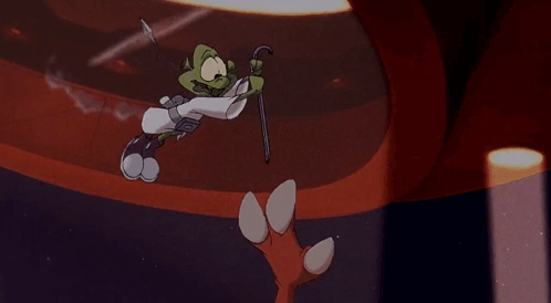 A Cartoon Character Is Holding A Cane In His Hand GIF