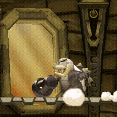 A Cartoon Character Is Holding A Cannon In Front Of A Mirror With The Letter O On It GIF