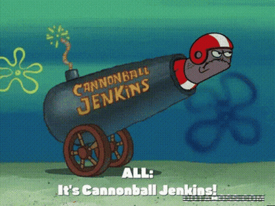 A Cartoon Character Is Holding A Cannon With The Words `` All : It 'S Cannonball Jenkins ! '' GIF