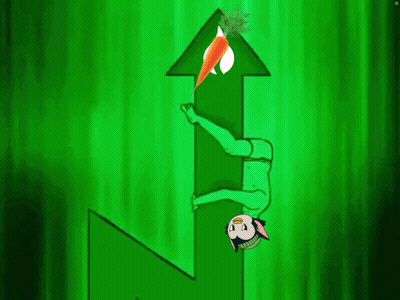 A Cartoon Character Is Holding A Carrot In Front Of A Green Arrow Pointing Up . GIF