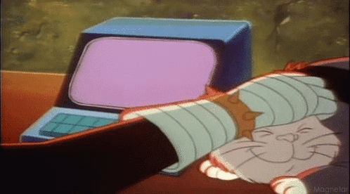 A Cartoon Character Is Holding A Cat In Front Of A Computer Screen . GIF