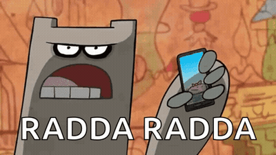 A Cartoon Character Is Holding A Cell Phone With The Words Radda Radda Written Below It GIF
