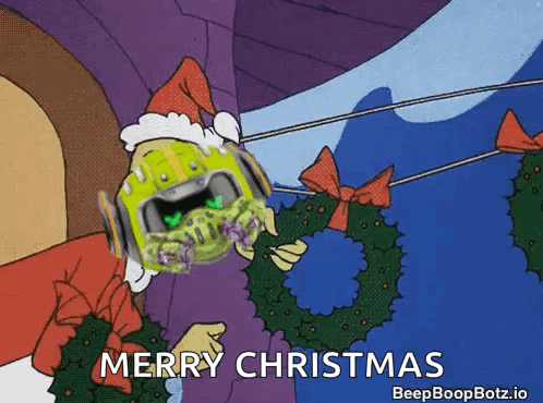 A Cartoon Character Is Holding A Christmas Wreath And Says Merry Christmas GIF