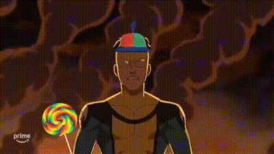 A Cartoon Character Is Holding A Colorful Lollipop And Wearing A Colorful Hat . GIF