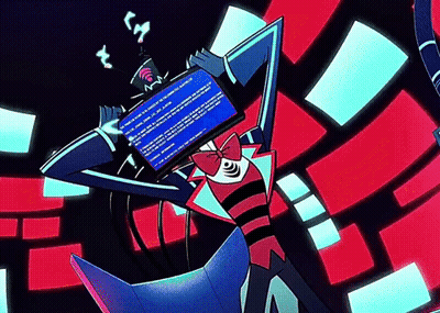 A Cartoon Character Is Holding A Computer Screen With A Blue Error Message On It . GIF