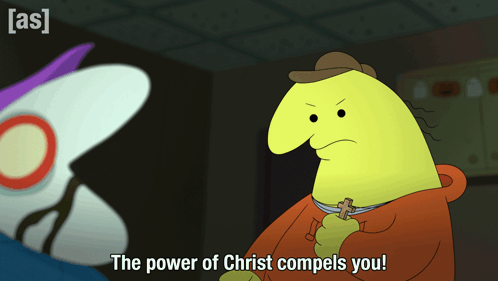 A Cartoon Character Is Holding A Cross And Says The Power Of Christ Compels You GIF