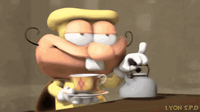 A Cartoon Character Is Holding A Cup Of Coffee Next To A Tea Kettle With Lyon Spd Written On It GIF