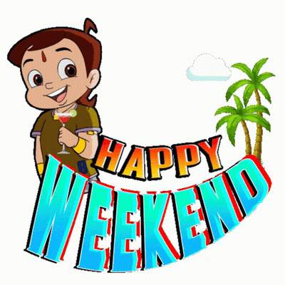 A Cartoon Character Is Holding A Drink In Front Of The Words Happy Weekend GIF