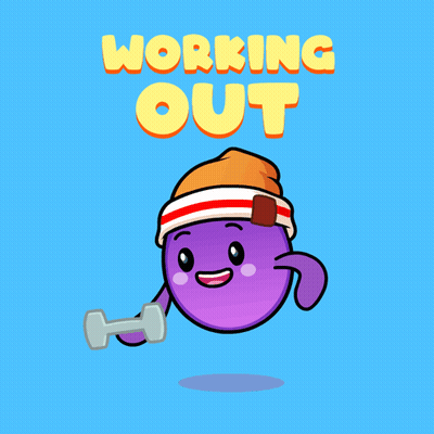 a cartoon character is holding a dumbbell in front of a blue background that says working out