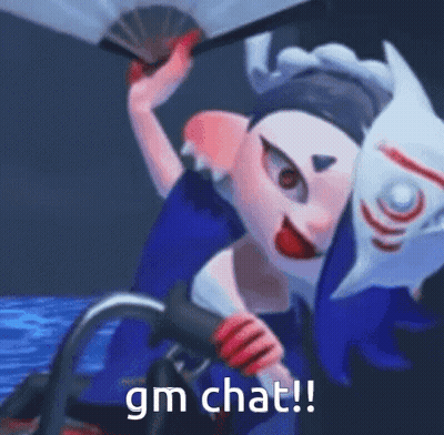 A Cartoon Character Is Holding A Fan And A Mask And Says `` Gm Chat ! '' GIF
