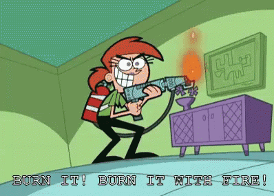 A Cartoon Character Is Holding A Fire Extinguisher And Says Burn It GIF