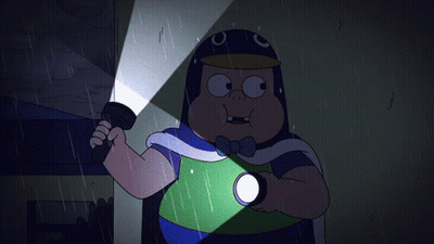 A Cartoon Character Is Holding A Flashlight In His Hand GIF