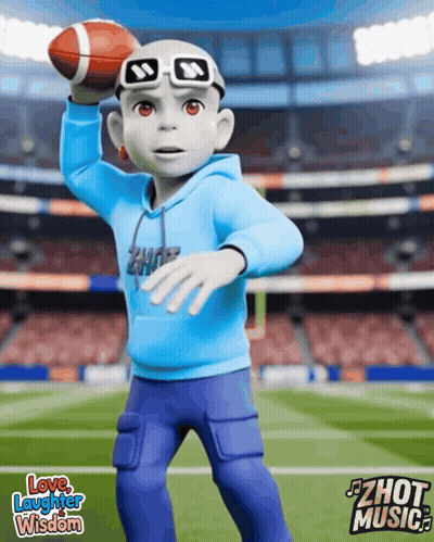 A Cartoon Character Is Holding A Football With The Words Love Laughter Wisdom Behind Him GIF