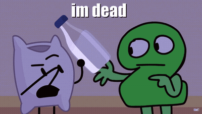 A Cartoon Character Is Holding A Glass And Says " Im Dead " In White Letters GIF