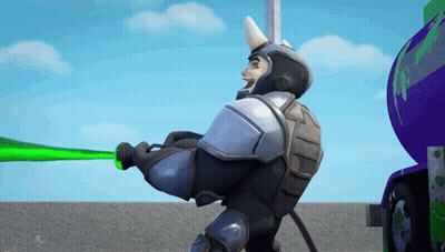 A Cartoon Character Is Holding A Green Laser Beam GIF