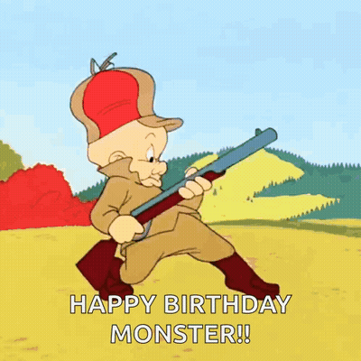 A Cartoon Character Is Holding A Gun And Says Happy Birthday Monster . GIF