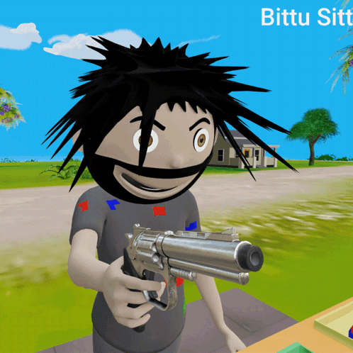 A Cartoon Character Is Holding A Gun And The Name Bittu Sitt Is On The Bottom Right GIF