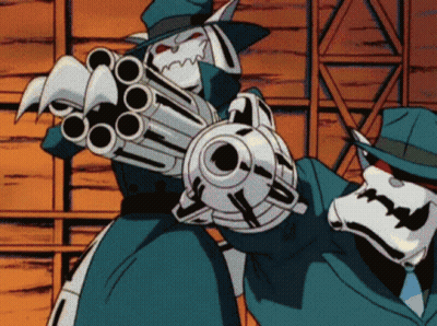 A Cartoon Character Is Holding A Gun And Wearing A Blue Hat GIF