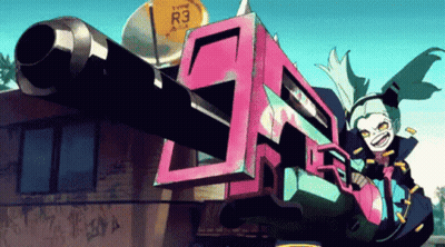 A Cartoon Character Is Holding A Gun In Front Of A Building With A Sign That Says R3 GIF