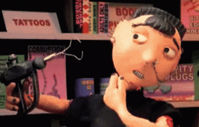 A Cartoon Character Is Holding A Gun In Front Of A Sign That Says Tattoos On It GIF
