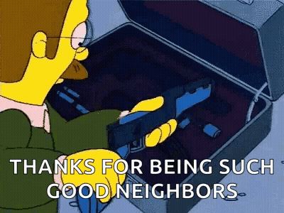 A Cartoon Character Is Holding A Gun In Front Of A Suitcase And Saying `` Thanks For Being Such Good Neighbors '' . GIF