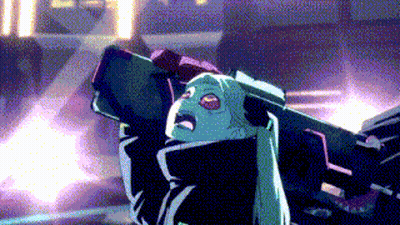 A Cartoon Character Is Holding A Gun With A Purple Light Behind Her . GIF