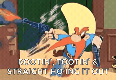 A Cartoon Character Is Holding A Gun With The Words Rootin ' Tootin ' & Straight Ho 'Ing It Out Below Him GIF
