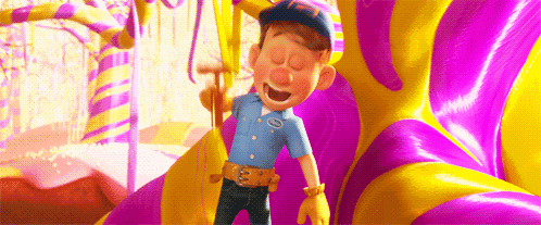 A Cartoon Character Is Holding A Hammer And Smiling In Front Of A Purple And Yellow Candy Cane . GIF