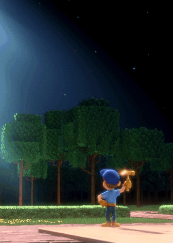 A Cartoon Character Is Holding A Hammer In A Dark Park GIF