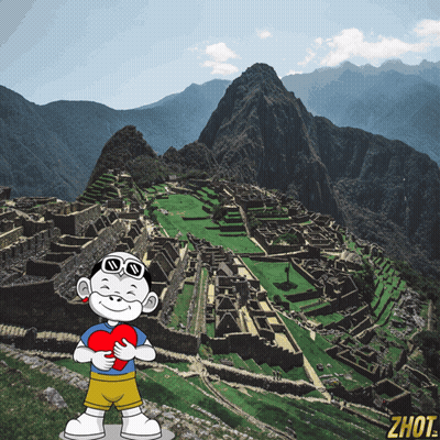 A Cartoon Character Is Holding A Heart In Front Of A Mountain And The Word Zhot Is On The Bottom Right GIF