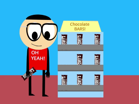 A Cartoon Character Is Holding A Hershey 'S Bar In Front Of A Display Of Hershey 'S Chocolate Bars GIF