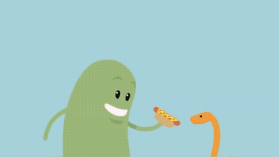 A Cartoon Character Is Holding A Hot Dog In Front Of A Snake With Its Mouth Open GIF