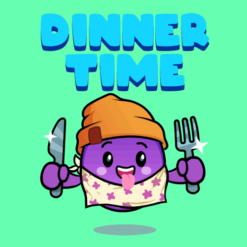 A Cartoon Character Is Holding A Knife And Fork With The Words Dinner Time Behind Him GIF