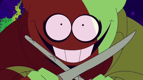 A Cartoon Character Is Holding A Knife And Smiling GIF