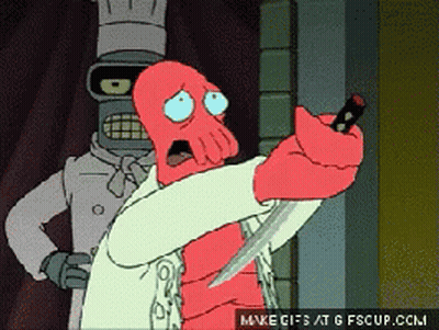 A Cartoon Character Is Holding A Knife In Front Of A Chef And Says Make Gifs At Gfcup.com GIF