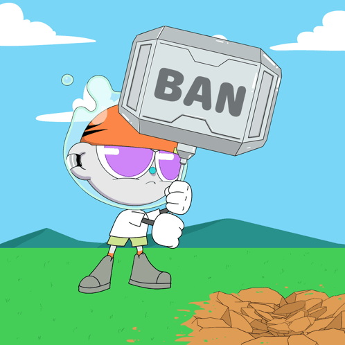 A Cartoon Character Is Holding A Large Hammer That Says Ban GIF