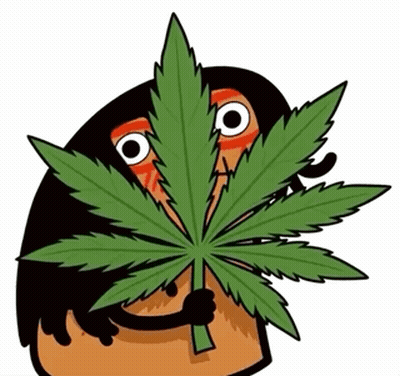 A Cartoon Character Is Holding A Large Marijuana Leaf GIF