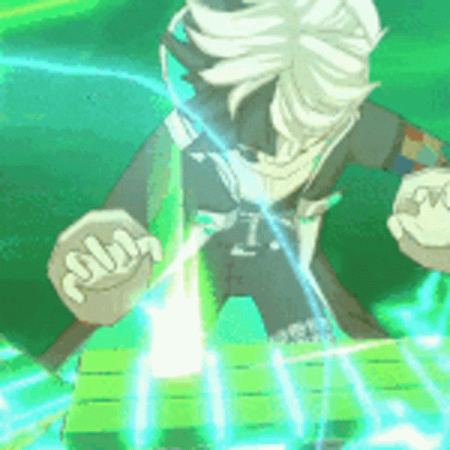 A Cartoon Character Is Holding A Lightning Bolt In His Hands While Standing On A Green Platform . GIF