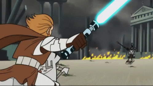 A Cartoon Character Is Holding A Lightsaber In Front Of A Building GIF