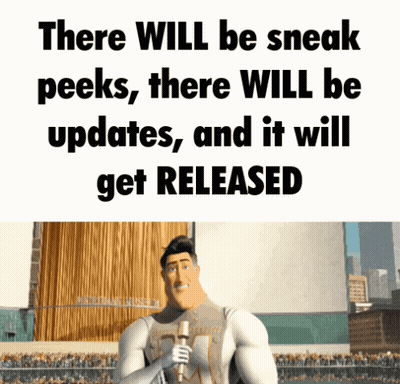 A Cartoon Character Is Holding A Microphone And Says There Will Be Sneak Peeks , There Will Be Updates And It Will Get R GIF