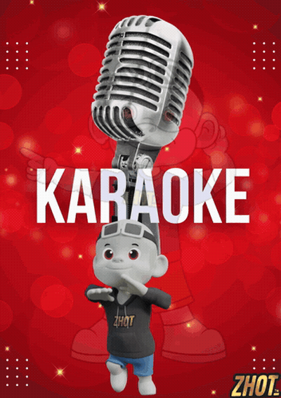 a cartoon character is holding a microphone with the word karaoke on it