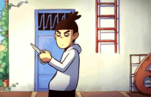 A Cartoon Character Is Holding A Pair Of Scissors In Front Of A Door GIF