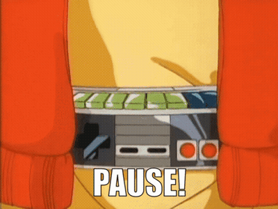A Cartoon Character Is Holding A Pause Button GIF