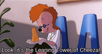 A Cartoon Character Is Holding A Piece Of Cheese And Says Look It 'S The Leaning Tower Of Cheez GIF