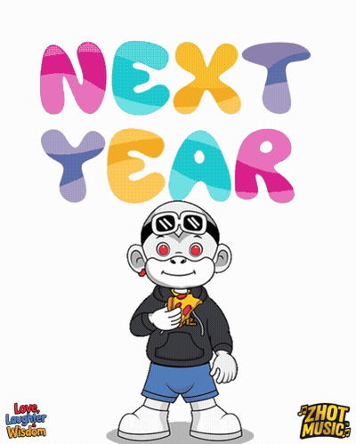 A Cartoon Character Is Holding A Piece Of Pizza In Front Of The Words Next Year GIF