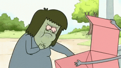 A Cartoon Character Is Holding A Pink Box In His Hands GIF