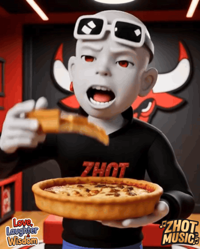 A Cartoon Character Is Holding A Pizza And Wearing A Shirt That Says " Zhot " GIF